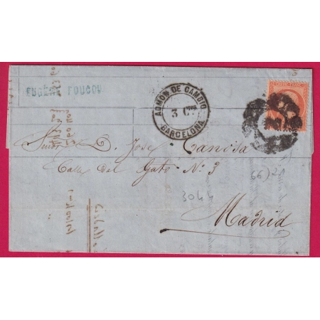 N°23 OBLITERATION ESPAGNOLE ADMON DE CAMBIO BARCELONA POUR MADRID DEPART MARSEILLE 1863 LETTRE COVER