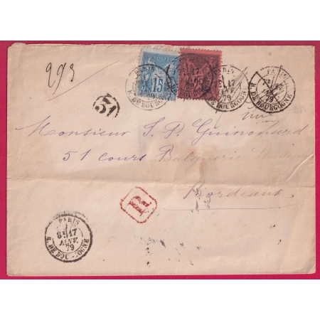 N°90 PARIS R DE BOURGOGNE RECOMMANDE POUR BORDEAUX LETTRE COVER