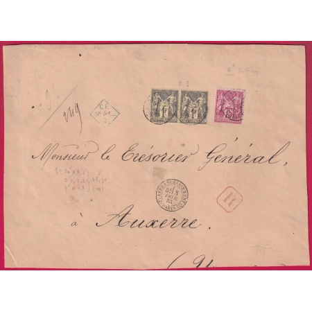N°72 PAIRE + 71 PARIS AFFRANCHISSEMENT 2 PARIS 2 POUR AUXERRE RECOMMANDE DEVANT DE LETTRE MENTION POIDS 240 GRAMMES