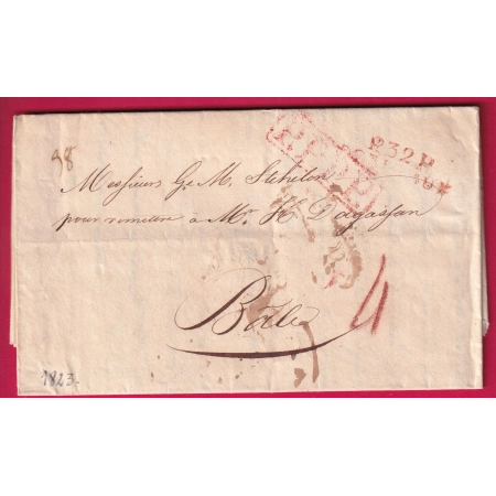 MARQUE P32P BORDEAUX EN ROUGE POUR BALE SUISSE 1823 LETTRE COVER