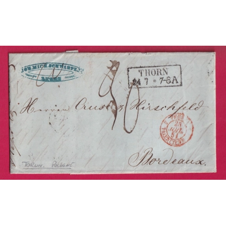 MARQUE THORN TORUN POLOGNE ALLEMAGNE 1851 POUR BORDEAUX LETTRE COVER