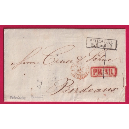 POLOGNE MARQUE PRESLAU WROCLAW ALLEMAGNE PRUSSE 1855 MARQUE PR3R POUR BORDEAUX LETTRE COVER