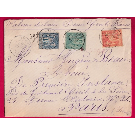 N°75 90 94 NEVERS NIEVRE LETTRE CHARGEE POUR PARIS 1889 COVER
