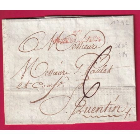 MARQUE 57 VALENCIENNES NORD EN ROUGE 1792 INDICE 14 POUR ST QUENTIN AISNE LETTRE COVER