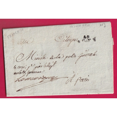 FRANCHISE MANUSCRIT LE COMMISSAIRE PRES LE DEPARTEMENT DU LOT ET GARONNE AGEN 1799 POUR PARIS CONTRESEING LETTRE COVER