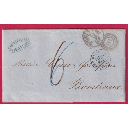 COPENHAGUE DANEMARK 1871 ENTREE 2 ERQUELINE 2 POUR BORDEAUX LETTRE COVER