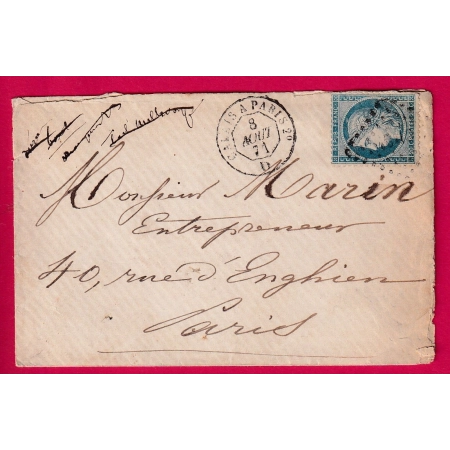N°37 AMBULANT DE JOUR CALAIS A PARIS POUR PARIS 8 AOUT 1871 LETTRE COVER
