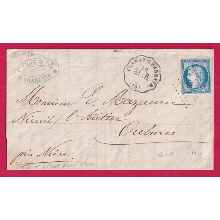 N°60 CONVOYEUR STATION TONNAY CHARENTE POUR OULMES DEUX SEVRES BUREAU DE PASSE 2660 NIORT AU DOS LETTRE COVER