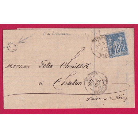 N°90 BEZIERS HERAULT BOITE RURALE C LIEURAN POUR CHALON SUR SAONE LETTRE COVER