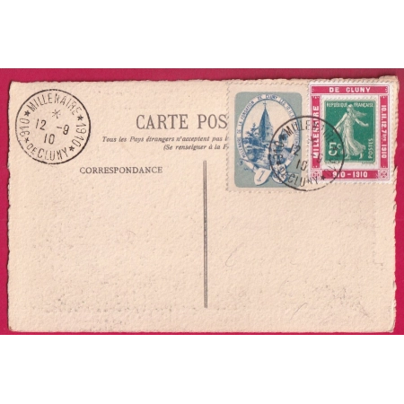 N°137 PORTE TIMBRE  + CAD MILLENAIRE DE CLUNY SAONE ET LOIRE 1910 + VIGNETTE LETTRE CHARGE COVER