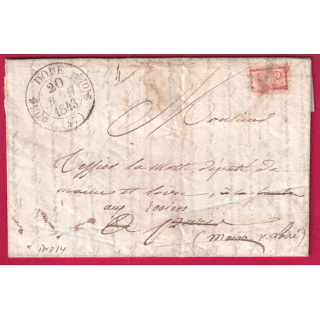 CAD TYPE 11 DOUE MAINE ET LOIRE + PP ROUGE 1843 POUR PARIS REEXP LES ROSIERS INDICE 14 LETTRE COVER