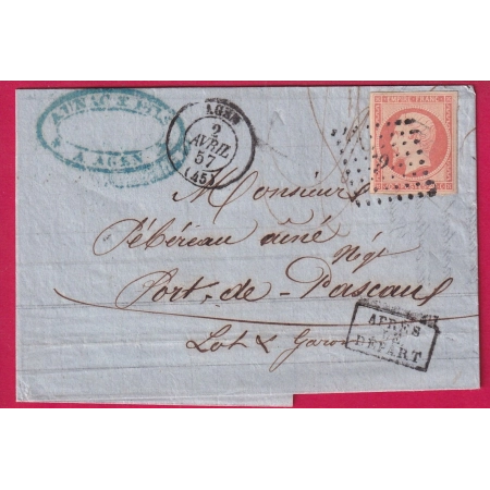 N°16 SUR PAILLE TTB PC 9 POINT DE POSITION AGEN LOT ET GARONNE APRES LE DEPART POUR PORT DE PASCAU LETTRE COVER