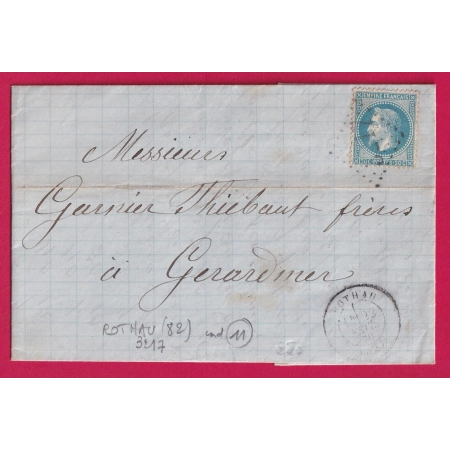 N°29 GC 3217 ROTHAU VOSGES CAD TYPE 17 POUR GERARDMER INDICE 11 ETIQUETTE PUB LETTRE