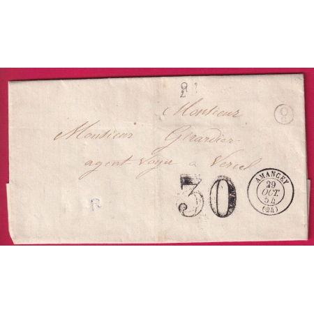 CAD TYPE 15 AMANCEY DOUBS TAXE 30 OMBREE 1854 BOITE RURALE COMPLEMENTAIRE Q2 POUR VERCEL LETTRE