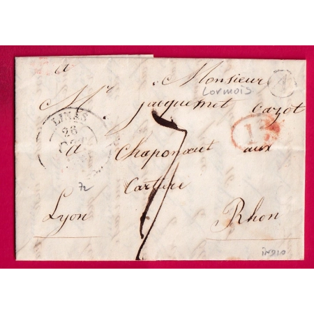 CAD TYPE 14 LINAS SEINE ET OISE BOITE RURALE A LORMOIS + DECIME RURAL POUR LYON RHONE LETTRE