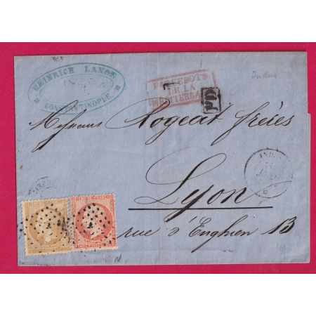 N°21 23 OBLITERATION ANCRE PAQUEBOT POSTES INDUS DEPART CONSTANTINOPLE POUR LYON RHONE 1865 LETTRE