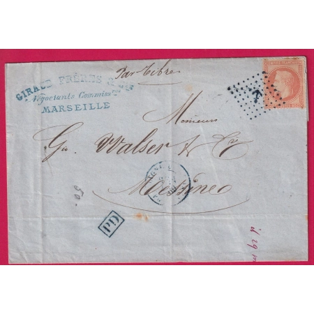 N° 31 OBLITERATION ANCRE EN BLEU LIGNE U PAQUEBOT TIBRE MARSEILLE POUR MESSINE ITALIE MESSINA ITALIA LETTRE