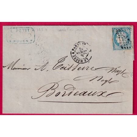 N°37 AMBULANT DE JOUR LE HAVRE A PARIS 1° POUR BORDEAUX LETTRE