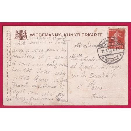 N°135 CAD ALLEMAND STRASBOURG NEUDORF 1919 POUR PARIS LETTRE