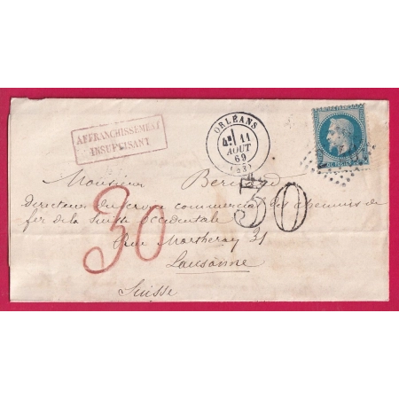 N°29 GC 2740 ORLEANS LOIRET DOUBLE TAXE 30 TAMPON + 30 ROUGE TAXE SUISSE POUR LAUSANNE 1869 LETTRE COVER
