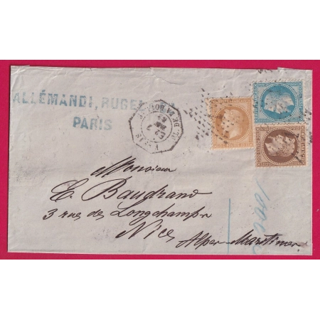 AFFRANCHISSEMENT TRICOLORE N°28 29 30 PARIS ETOILE 1 LEVEE EXCEPTIONNELLE LEVEE E2 POUR NICE DEVANT DE LETTRE COVER