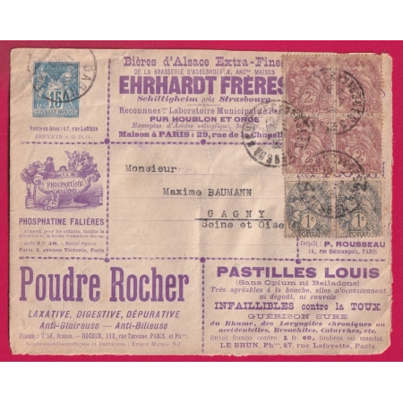 ENTIER SAGE ILLUSTREE EHRHARDT FRERES N° 107 + 108 BLOC DE 4 POUR GAGNY LETTRE COVER