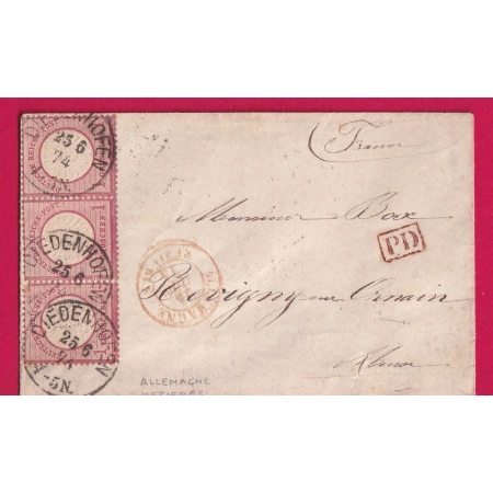 DIEDENHOFEN THIONVILLE MOSELLE 1874 POUR REVIGNY MEUSE ENTREE ALLEMAGNE MEZIERES ARDENNES ALSACE LORRAINE LETTRE COVER