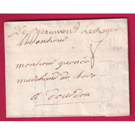 MARQUE MANUSCRIT DE BEAUMONT LE ROGER EURE ET LOIR 1730 LENAIN N°1 POUR DOURDON INDICE 17 LETTRE