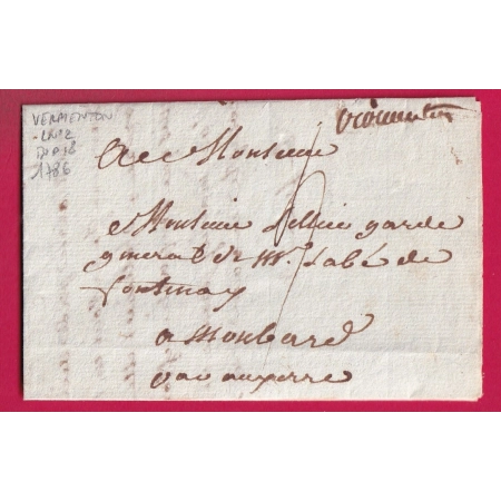 MARQUE MANUSCRIT VERMENTON YONNE 1786 LENAIN N°2 POUR MONTBARD COTE D'OR INDICE 18 LETTRE
