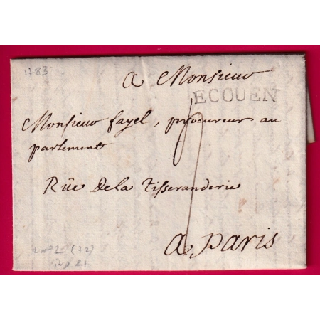 MARQUE ECOUEN SEINE ET OISE 1783 LENAIN N°2 INDICE 21 POUR PARIS LETTRE