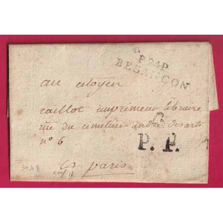 MARQUE P24P BESANCON DOUBS + PP BONNET PHRYGIEN POUR PARIS AN5 1797 LETTRE