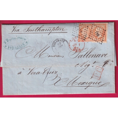 N°16 x2 PC 441 BORDEAUX POUR VERA CRUZ MEXIQUE VIA SOUTHAMPTON 1861 LETTRE