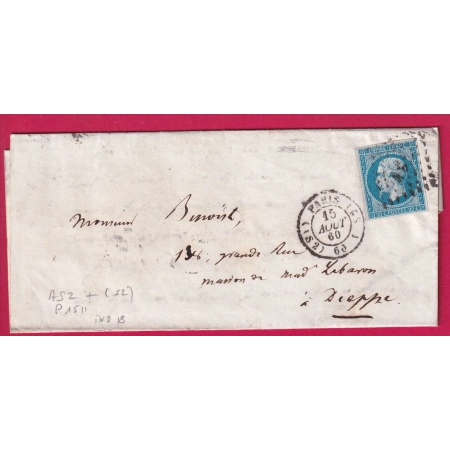 N°14 PARIS LOSANGE AS2 DATEUR 1511 (  S2) 60 (  S2) POUR DIEPPE SEINE INFRIEURE RARE INDICE 18 LETTRE COVER