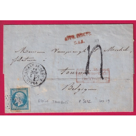 N°22 PARIS ETOILE TRONQUEE R DU FG ST ANTOINE POUR TOURNAY BELGIQUE TAXE TAMPON 4 AFFR INSUFF DS4 LETTRE COVER