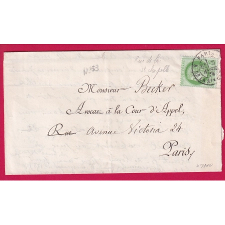 N°53 CAD PARIS R DE LA STE CHAPELLE POUR PARIS 1874 LETTRE COVER
