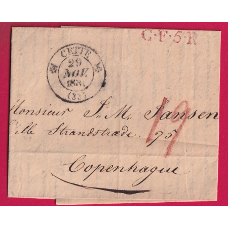CAD TYPE 12 CETTE HERAULT 1831 POUR COPENHAGUE DANEMARK LETTRE