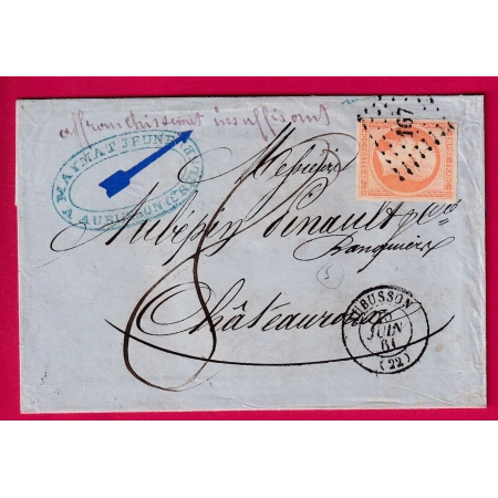 N°16 PC 167 AUBUSSON CREUSE TAXE 8 AFFR INSUFFISANT POUR CHATEAUROUX LETTRE
