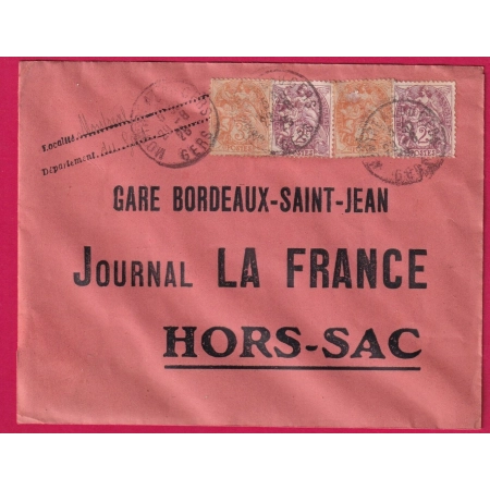 N°108 X2 + 109 X2 TARIF HORS SAC MONTREAL DU GERS 1926 POUR BORDEAUX TYPE BLANC LETTRE