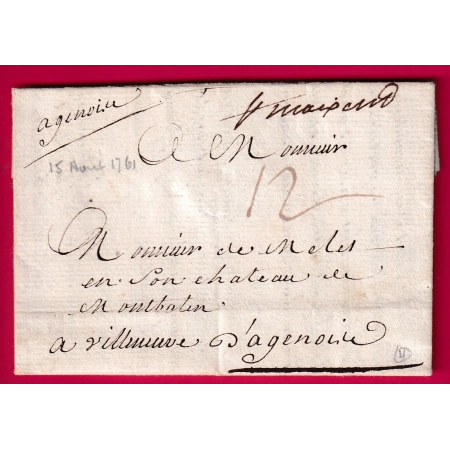MARQUE MANUSCRIT ST MAIXENT DEUX SEVRES 1761 POUR VILLENEUVE D'AGEN LETTRE