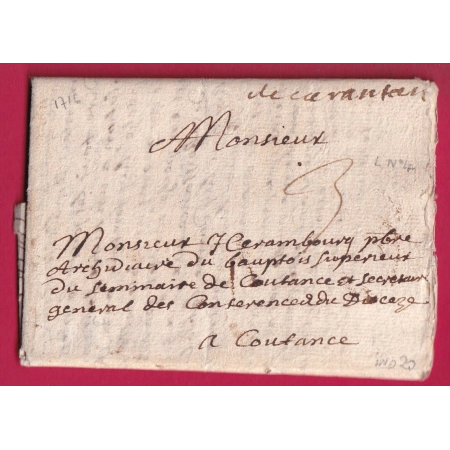 MARQUE MANUSCRIT DE CARANTAN MANCHE 1716 LENAIN N°4 POUR COUTANCES INDICE 20 LETTRE