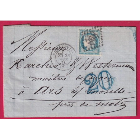 N°60 GC 898 CHARLEVILLE ARDENNES TAXE ALLEMANDE 20 EN BLEU POUR ARS SUR MOSELLE 26 SEPTEMBRE 1871 LETTRE