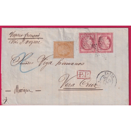 N°38 57 PAIRE PARIS ETOILE 24 R DE CLERY POUR VERA CRUZ MEXIQUE 1872 LETTRE