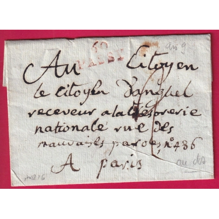 MARQUE 60 PASSY SEINE EN ROUGE AN 9 1801 POUR PARIS INDICE 16 LETTRE
