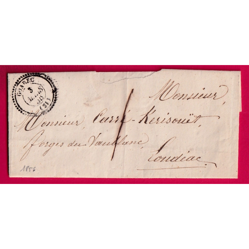 CAD TYPE 22 GOAREC COTES DU NORD + TAXE LOCALE 1 POUR LOUDEAC 1856 LETTRE