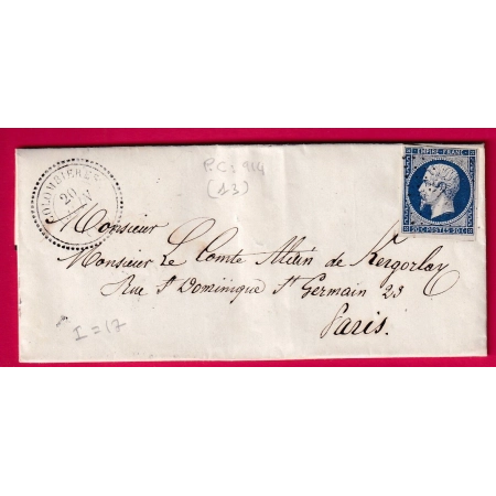 N°14 PC 914 COLOMBIERES CAD TYPE 22 CALVADOS INDICE 17 POUR PARIS LETTRE