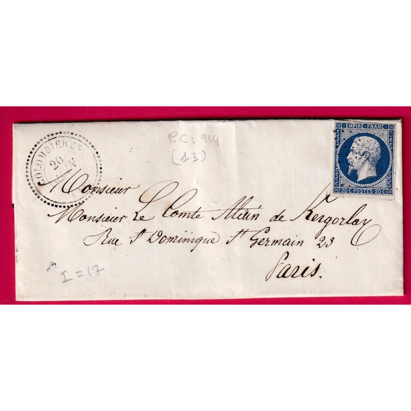 N°14 PC 914 COLOMBIERES CAD TYPE 22 CALVADOS INDICE 17 POUR PARIS LETTRE