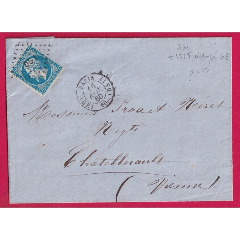 N°14 LOSANGE DS1 PARIS DS1 GE GARE DE L'EST POUR CHATELLERAULT VIENNE LETTRE