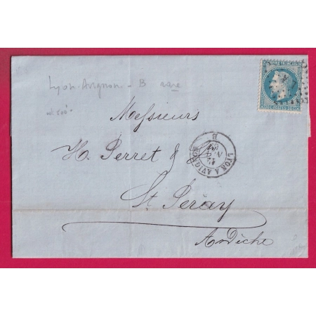 N°29 AMBULANT LYON A AVIGNON 1869 POUR ST PERAY ARDECHE TEXTE DE TAIN DROME LETTRE