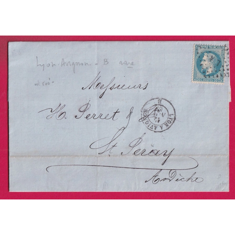 N°29 AMBULANT LYON A AVIGNON 1869 POUR ST PERAY ARDECHE TEXTE DE TAIN DROME LETTRE