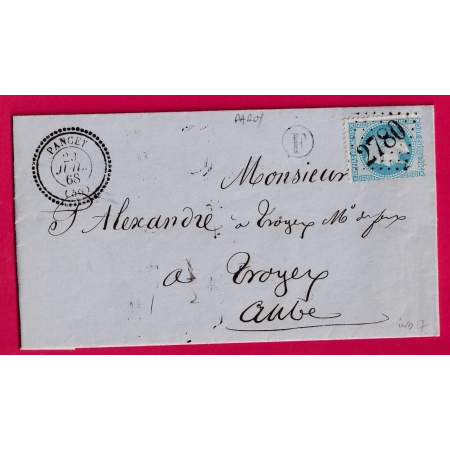 N°29 GC 2780 PANCEY HAUTE MARNE BOITE RURALE F PAROY CAD TYPE 22 POUR TROYES AUBE LETTRE